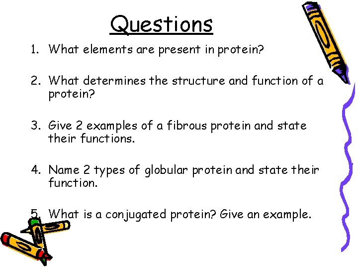Questions 1. What elements are present in protein? 2. What determines the structure and