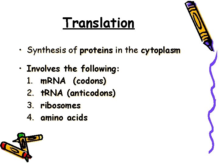 Translation • Synthesis of proteins in the cytoplasm • Involves the following: 1. m.