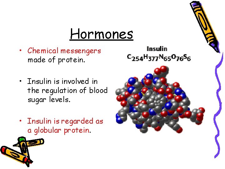 Hormones • Chemical messengers made of protein. • Insulin is involved in the regulation