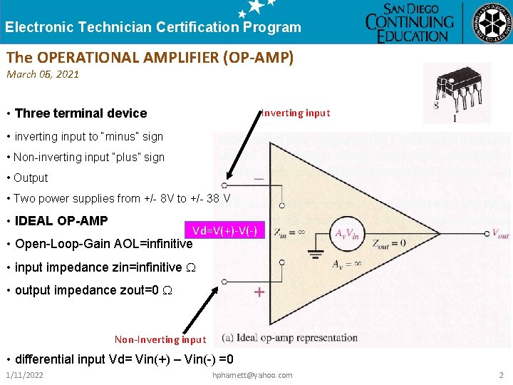 Electronic Technician Certification Program The OPERATIONAL AMPLIFIER (OP-AMP) March 06, 05, 2021 Inverting input