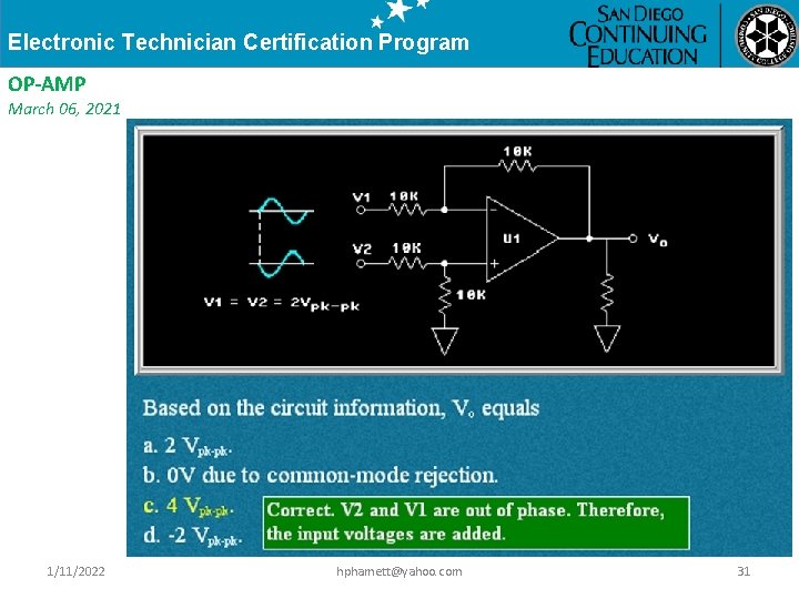 Electronic Technician Certification Program OP-AMP March 06, 2021 1/11/2022 hphamett@yahoo. com 31 