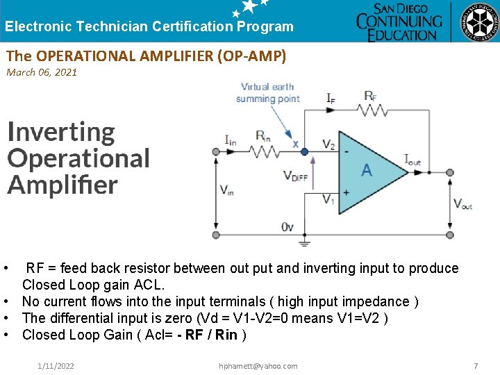 Electronic Technician Certification Program The OPERATIONAL AMPLIFIER (OP-AMP) March 06, 2021 • RF =