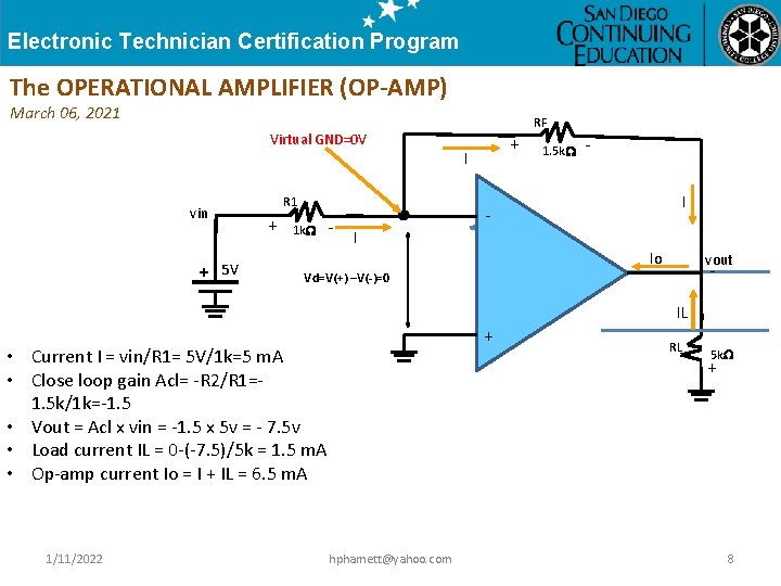 Electronic Technician Certification Program The OPERATIONAL AMPLIFIER (OP-AMP) March 06, 2021 RF Virtual GND=0
