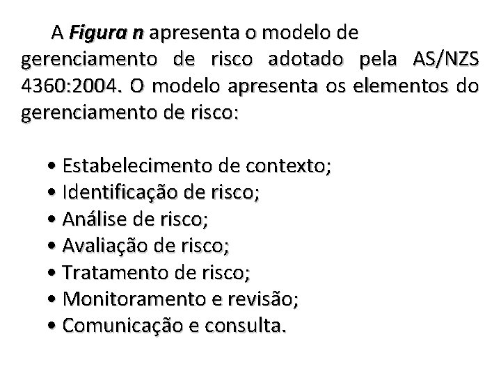 A Figura n apresenta o modelo de gerenciamento de risco adotado pela AS/NZS 4360: