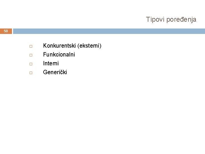 Tipovi poređenja 50 Konkurentski (eksterni) Funkcionalni Interni Generički 