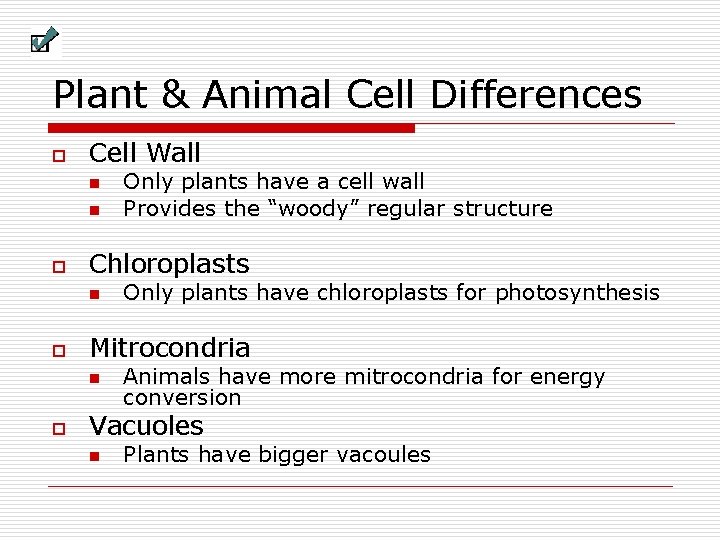 Plant & Animal Cell Differences o Cell Wall n n o Chloroplasts n o Plant & Animal Cell Differences o Cell Wall n n o Chloroplasts n o