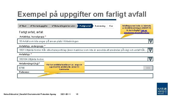 Exempel på uppgifter om farligt avfall Avfallstypernas koder är hämtade ur Avfallsförordningen (2020: 614)