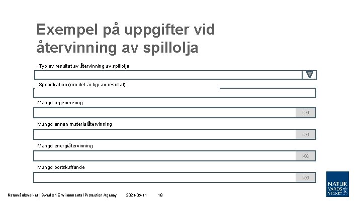 Exempel på uppgifter vid återvinning av spillolja Typ av resultat av återvinning av spillolja