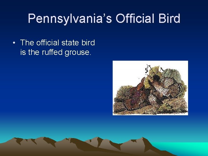 Pennsylvania’s Official Bird • The official state bird is the ruffed grouse. 