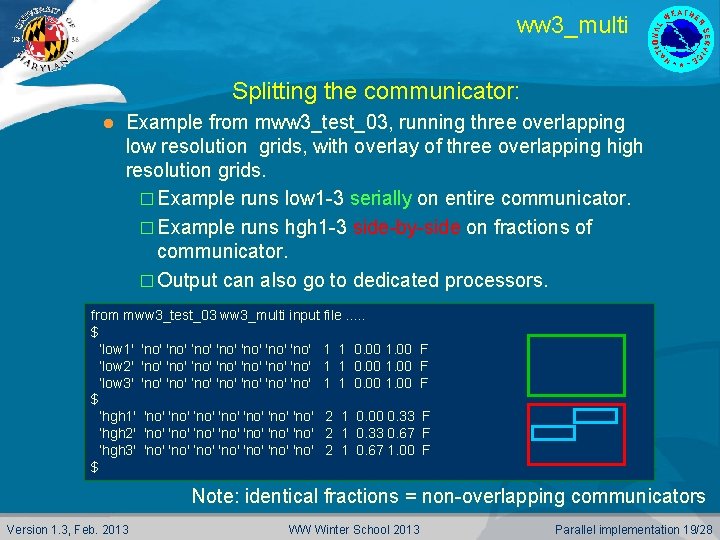 ww 3_multi Splitting the communicator: l Example from mww 3_test_03, running three overlapping low