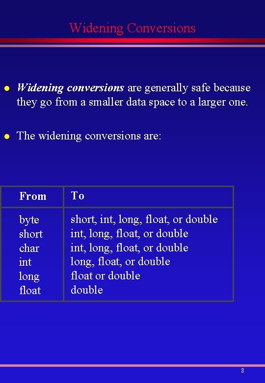 Widening Conversions l Widening conversions are generally safe because they go from a smaller