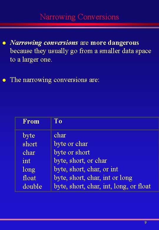 Narrowing Conversions l Narrowing conversions are more dangerous because they usually go from a