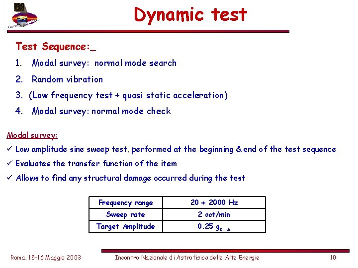 Dynamic test Test Sequence: 1. Modal survey: normal mode search 2. Random vibration 3.