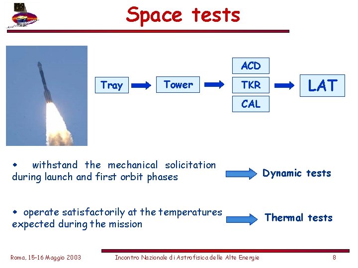 Space tests ACD Tray Tower TKR LAT CAL w withstand the mechanical solicitation during
