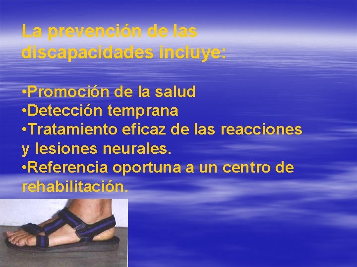 La prevención de las discapacidades incluye: • Promoción de la salud • Detección temprana La prevención de las discapacidades incluye: • Promoción de la salud • Detección temprana