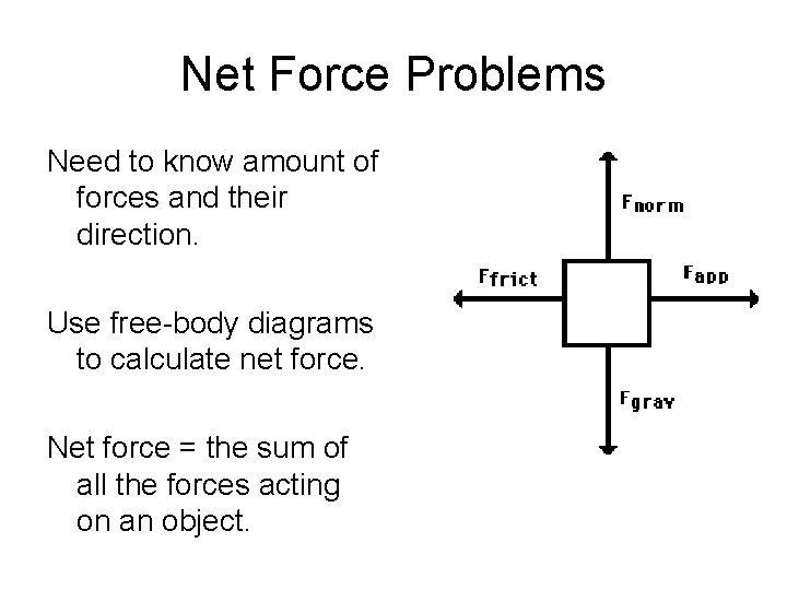 Net Force Problems Need to know amount of forces and their direction. Use free-body