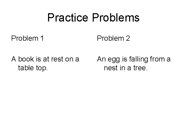 Practice Problems Problem 1 Problem 2 A book is at rest on a table