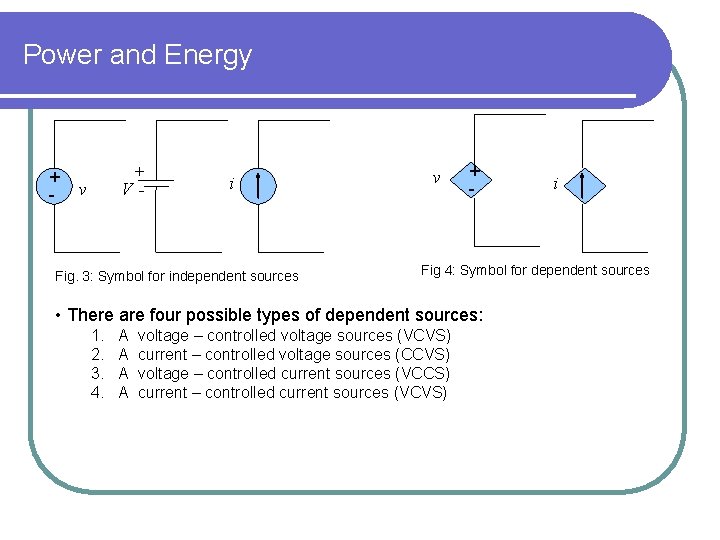 Power and Energy + - + V- v i Fig. 3: Symbol for independent