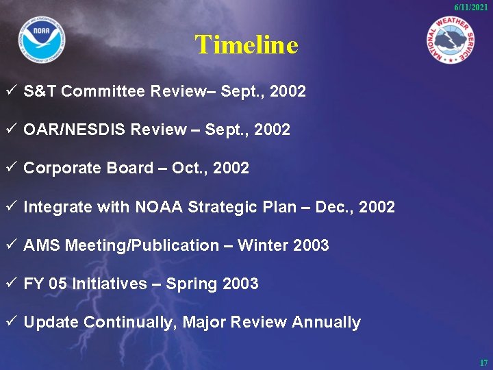 6/11/2021 Timeline ü S&T Committee Review– Sept. , 2002 ü OAR/NESDIS Review – Sept.