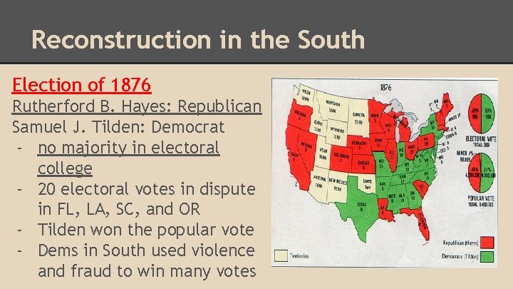 Reconstruction in the South Election of 1876 Rutherford B. Hayes: Republican Samuel J. Tilden: