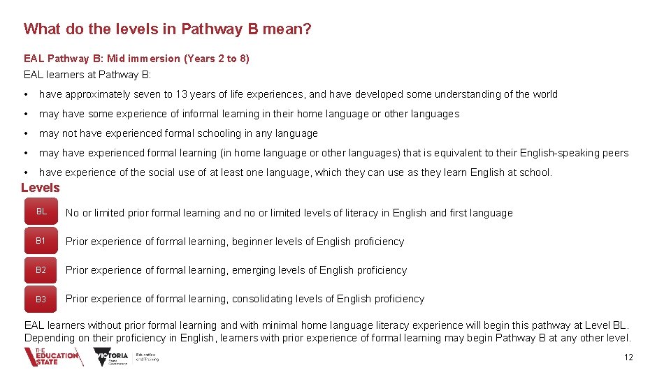 What do the levels in Pathway B mean? EAL Pathway B: Mid immersion (Years