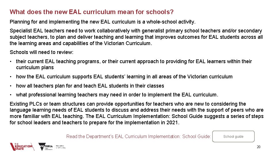 What does the new EAL curriculum mean for schools? Planning for and implementing the