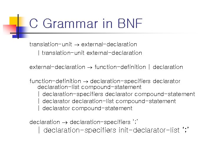 C Grammar in BNF translation-unit external-declaration | translation-unit external-declaration function-definition | declaration function-definition declaration-specifiers