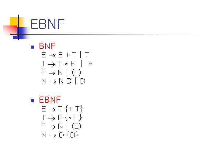 EBNF n BNF E E+T|T T T*F | F F N | (E) N