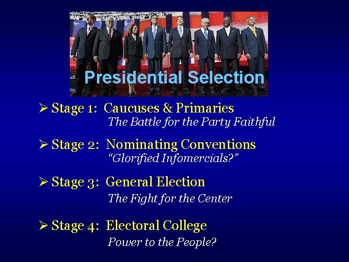 Presidential Selection Stage 1: Caucuses & Primaries The Battle for the Party Faithful Stage