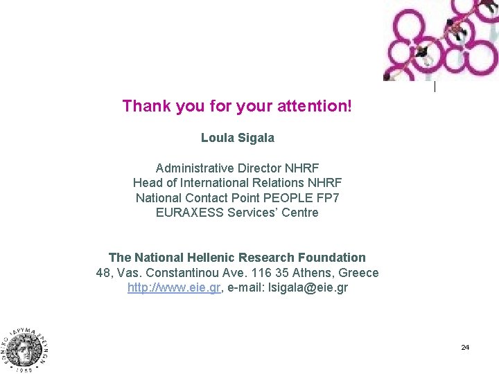 Thank you for your attention! Loula Sigala Administrative Director NHRF Head of International Relations
