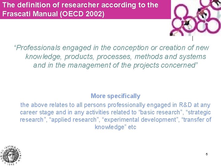 The definition of researcher according to the Frascati Manual (OECD 2002) “Professionals engaged in