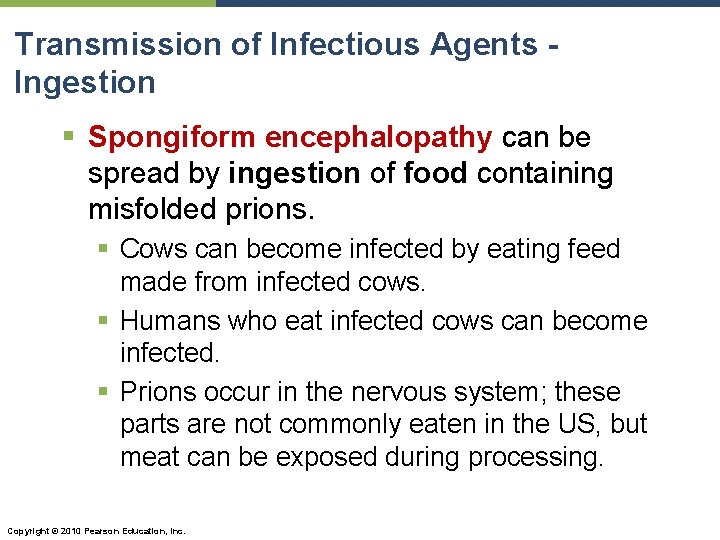 Transmission of Infectious Agents Ingestion § Spongiform encephalopathy can be spread by ingestion of