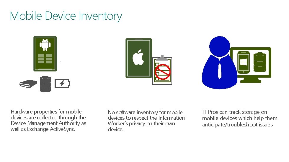 Mobile Device Inventory Hardware properties for mobile devices are collected through the Device Management