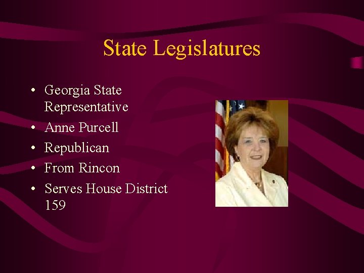 State Legislatures • Georgia State Representative • Anne Purcell • Republican • From Rincon