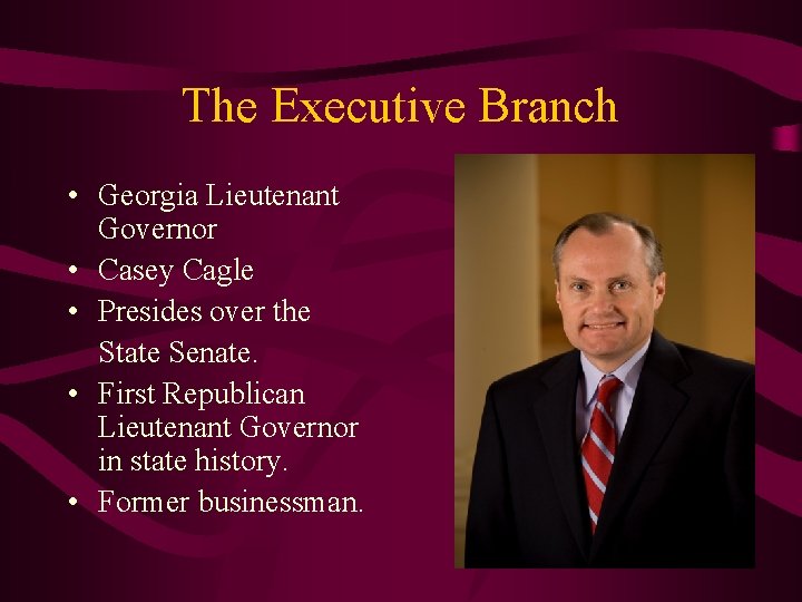The Executive Branch • Georgia Lieutenant Governor • Casey Cagle • Presides over the
