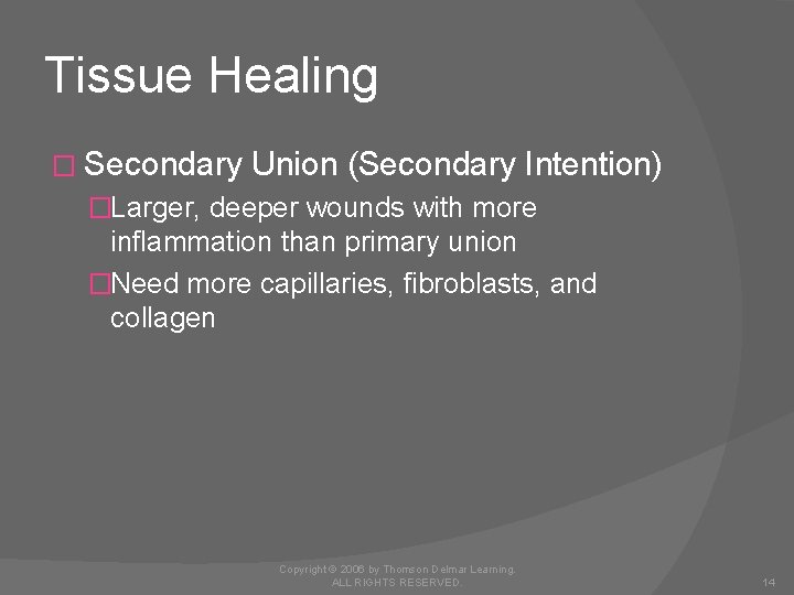 Tissue Healing � Secondary Union (Secondary Intention) �Larger, deeper wounds with more inflammation than