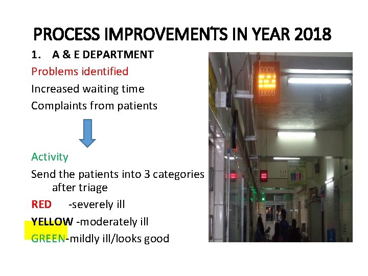 PROCESS IMPROVEMENTS IN YEAR 2018 1. A & E DEPARTMENT Problems identified Increased waiting