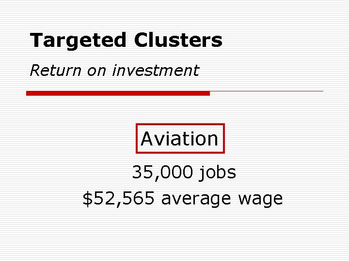 Targeted Clusters Return on investment Aviation 35, 000 jobs $52, 565 average wage 