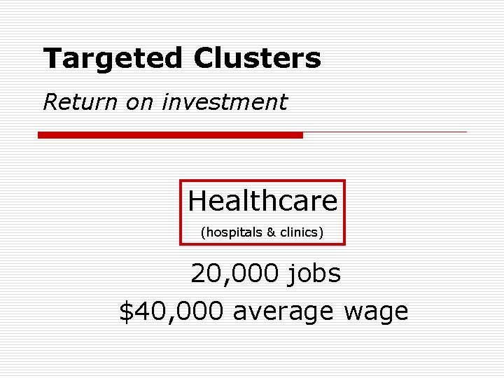 Targeted Clusters Return on investment Healthcare (hospitals & clinics) 20, 000 jobs $40, 000