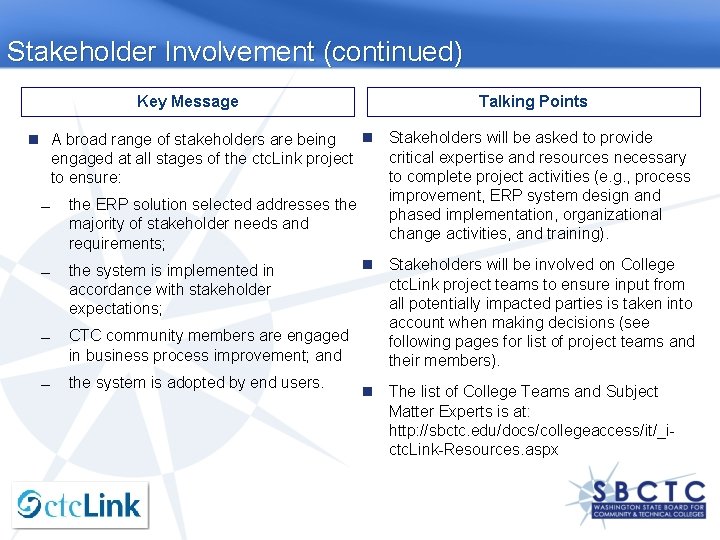 Stakeholder Involvement (continued) Key Message A broad range of stakeholders are being Talking Points