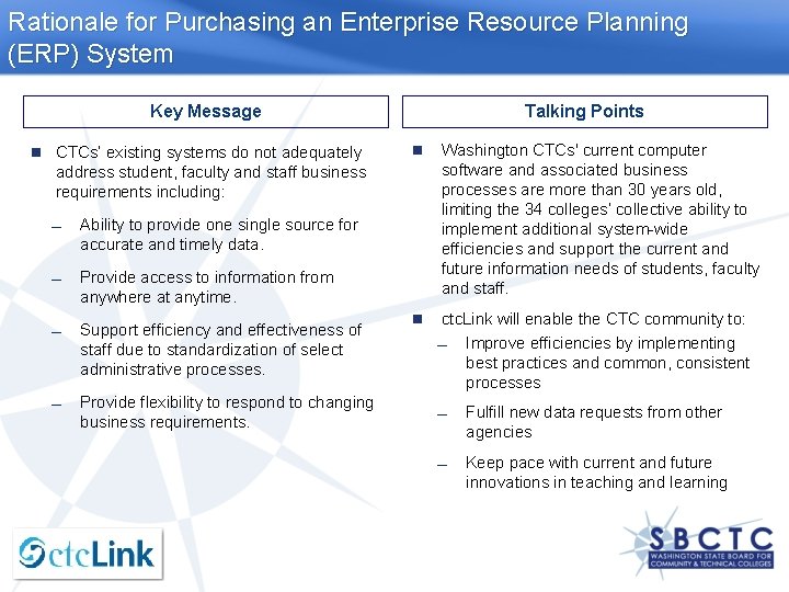 Rationale for Purchasing an Enterprise Resource Planning (ERP) System Key Message CTCs’ existing systems