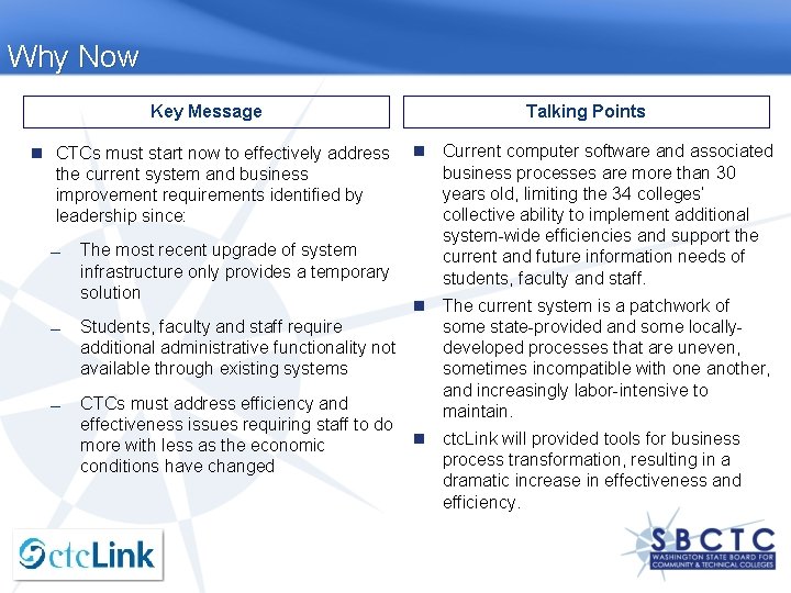 Why Now Key Message CTCs must start now to effectively address Talking Points Current