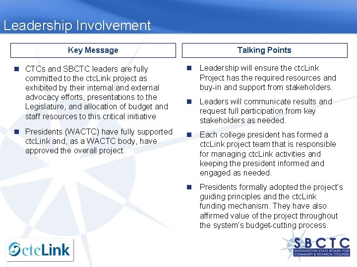Leadership Involvement Key Message CTCs and SBCTC leaders are fully committed to the ctc.