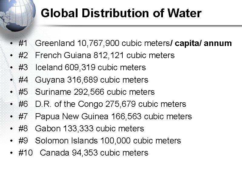 Global Distribution of Water • • • #1 Greenland 10, 767, 900 cubic meters/