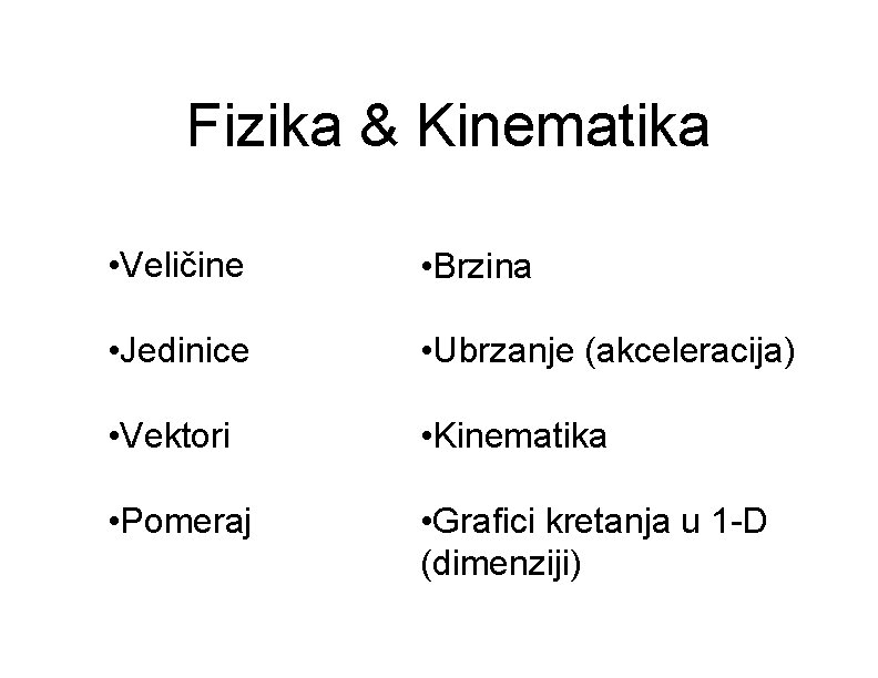 Fizika & Kinematika • Veličine • Brzina • Jedinice • Ubrzanje (akceleracija) • Vektori