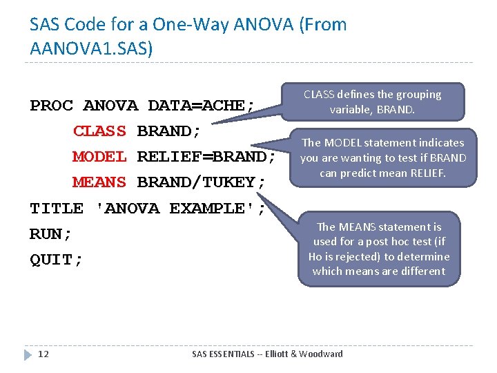SAS Code for a One-Way ANOVA (From AANOVA 1. SAS) PROC ANOVA DATA=ACHE; CLASS