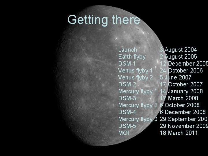 Getting there Launch Earth flyby DSM-1 Venus flyby 2 DSM-2 Mercury flyby 1 DSM-3 Getting there Launch Earth flyby DSM-1 Venus flyby 2 DSM-2 Mercury flyby 1 DSM-3