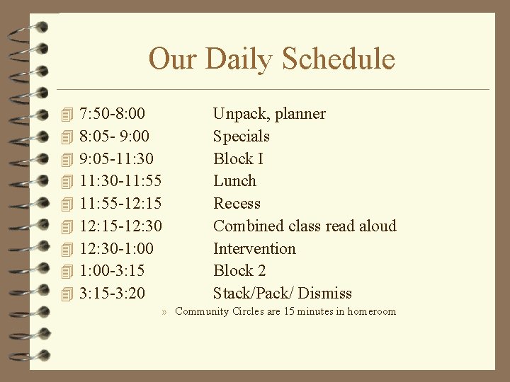 Our Daily Schedule 4 4 4 4 4 7: 50 -8: 00 8: 05