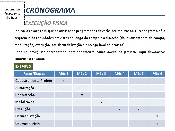 Logomarca Proponente (se tiver) CRONOGRAMA EXECUÇÃO FÍSICA Indicar os prazos em que as atividades