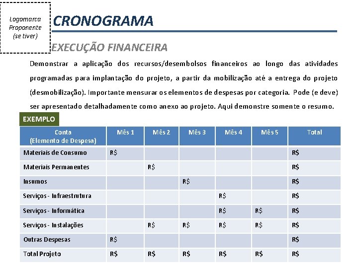 Logomarca Proponente (se tiver) CRONOGRAMA EXECUÇÃO FINANCEIRA Demonstrar a aplicação dos recursos/desembolsos financeiros ao